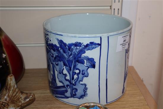 A quantity of Chinese and other porcelain including tea bowls, a bottle vase and a large blue and white brush pot